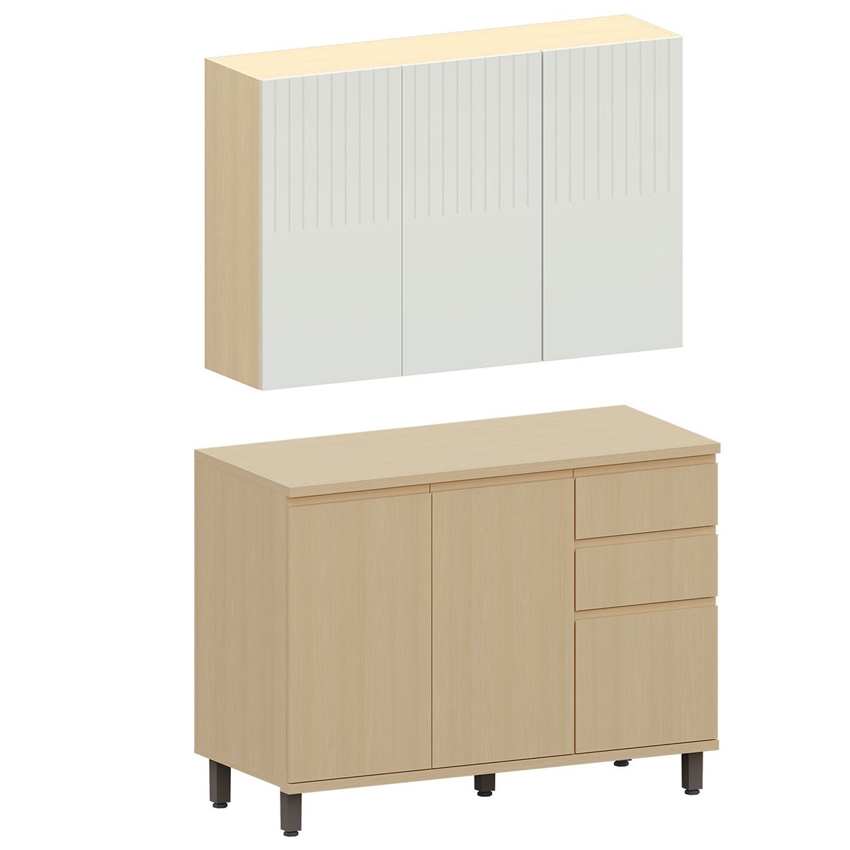 Kit Armário Aéreo 3 Portas e Balcão de Cozinha 120 cm Aurora Cinza Cristal Pet/Carvalho