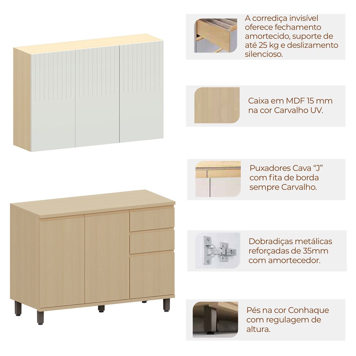 Kit Armário Aéreo 3 Portas e Balcão de Cozinha 120 cm Aurora Cinza Cristal Pet/Carvalho