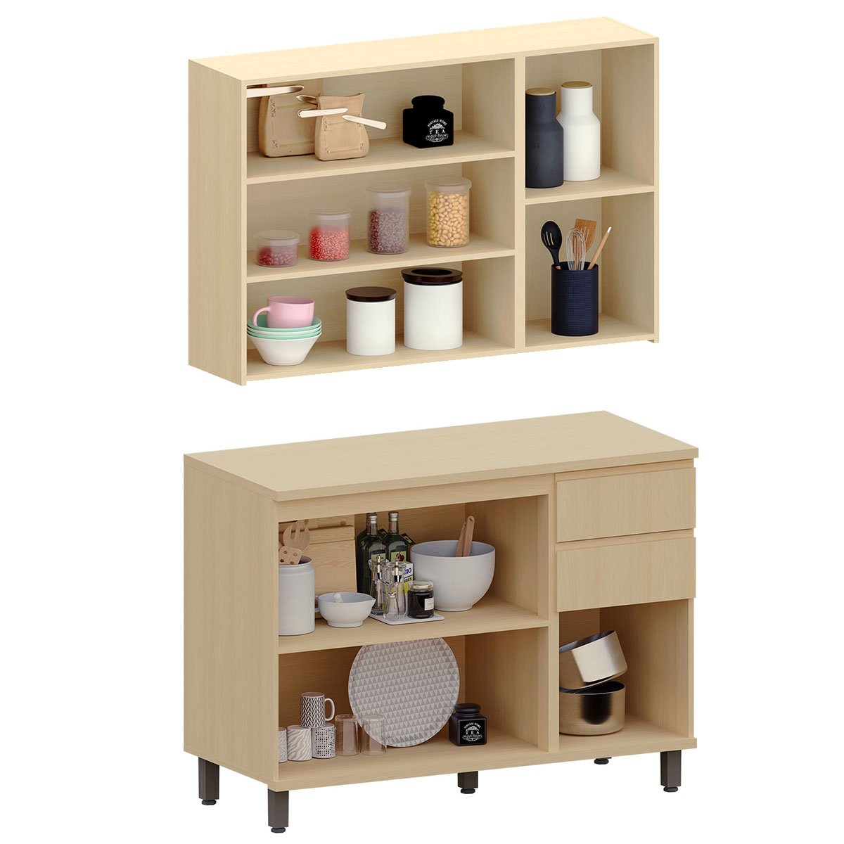Kit Armário Aéreo 3 Portas e Balcão de Cozinha 120 cm Aurora Cinza Cristal Pet/Carvalho