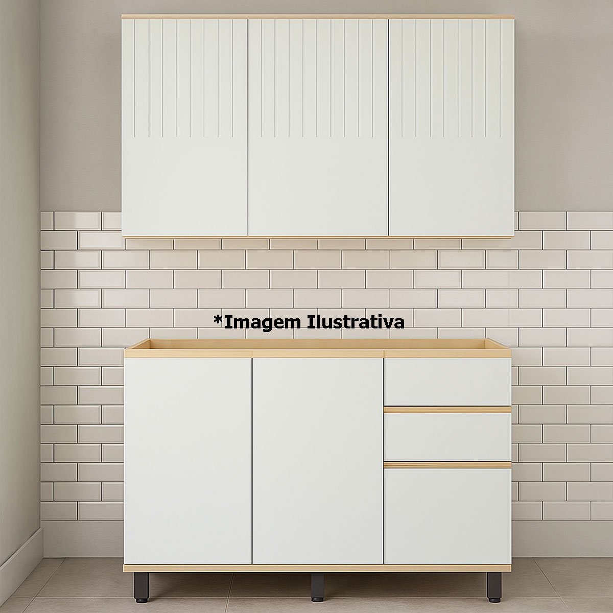 Kit Armário Aéreo 3 Portas e Balcão de Cozinha 120 cm Aurora Cinza Cristal Pet/Carvalho