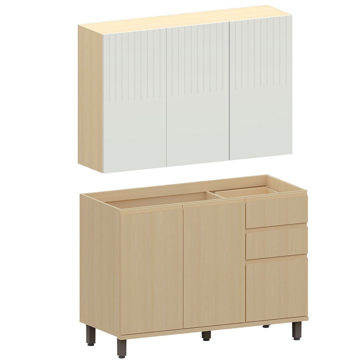 Kit Armário Aéreo 3 Portas e Balcão de Pia 120 cm Aurora Cinza Cristal Pet/Carvalho