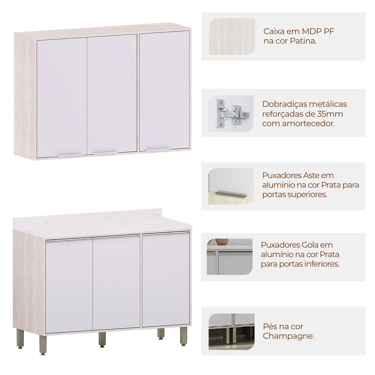 Kit Armário Aéreo com Balcão de Cozinha 120 cm Atenas Cinza Cristal