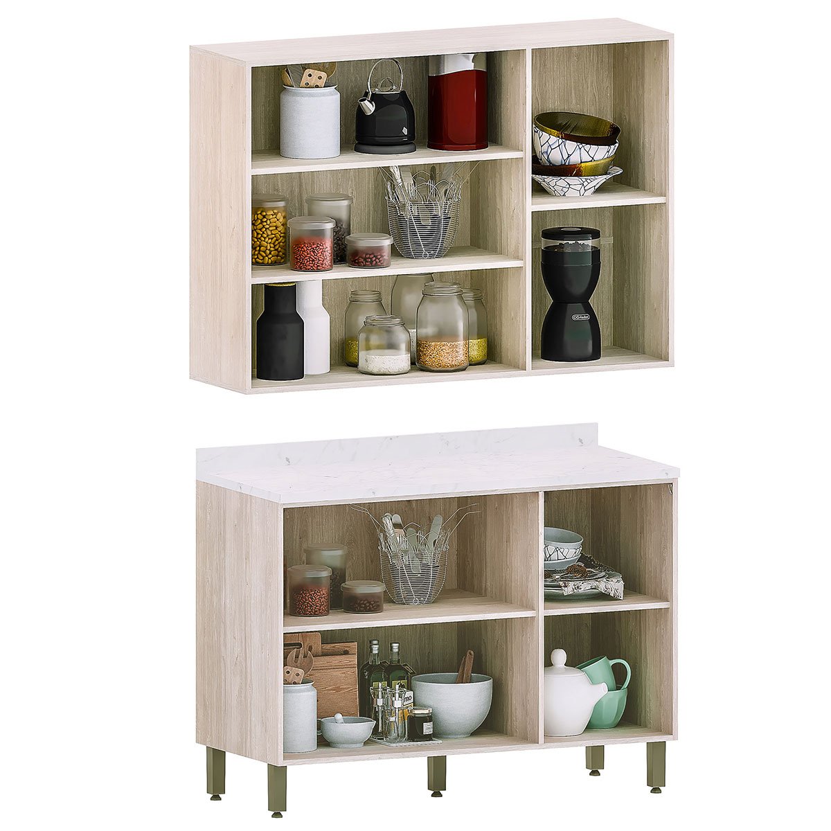 Kit Armário Aéreo com Balcão de Cozinha 120 cm Atenas Cinza Cristal