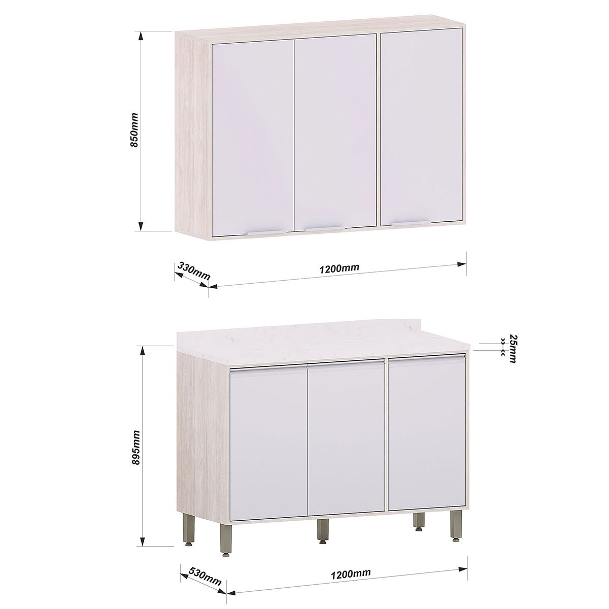 Kit Armário Aéreo com Balcão de Cozinha 120 cm Atenas Cinza Cristal