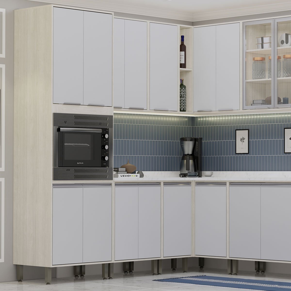 Kit Armário Aéreo com Balcão de Cozinha 120 cm Atenas Cinza Cristal