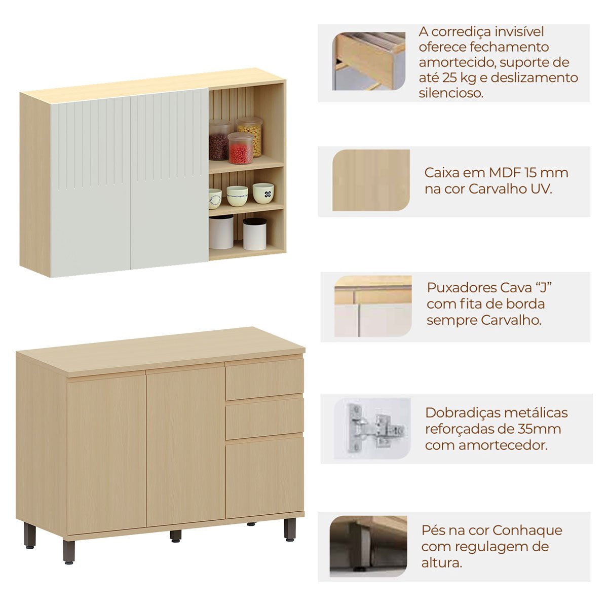 Kit Armário Aéreo com Nicho e Balcão de Cozinha 120 cm Aurora Cinza Cristal Pet/Carvalho