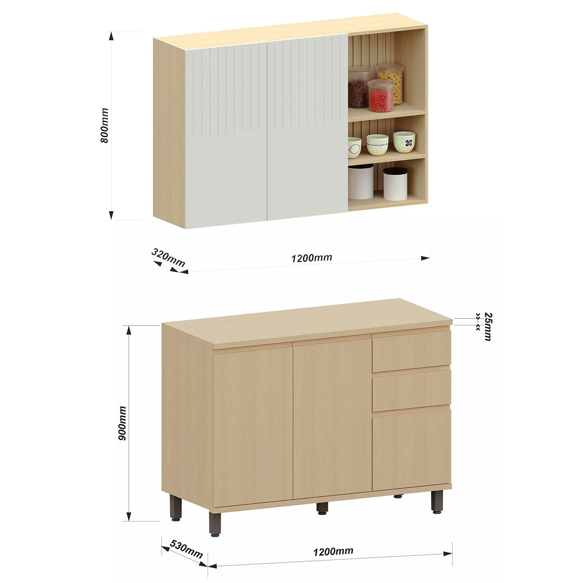 Kit Armário Aéreo com Nicho e Balcão de Cozinha 120 cm Aurora Cinza Cristal Pet/Carvalho