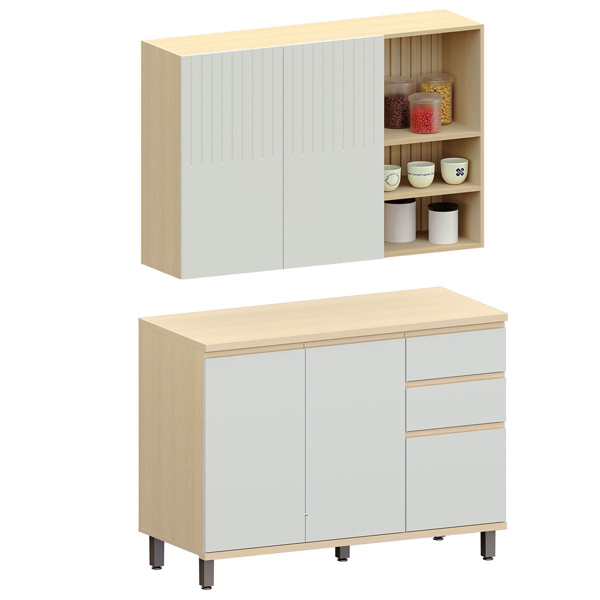 Kit Armário Aéreo com Nicho e Balcão de Cozinha 120 cm Aurora Cinza Cristal Pet/Cinza Cristal