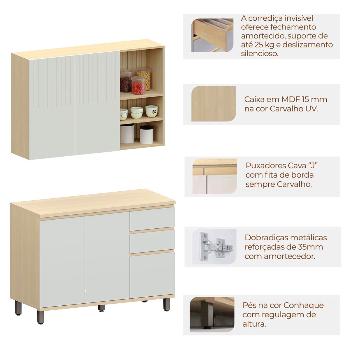 Kit Armário Aéreo com Nicho e Balcão de Cozinha 120 cm Aurora Cinza Cristal Pet/Cinza Cristal