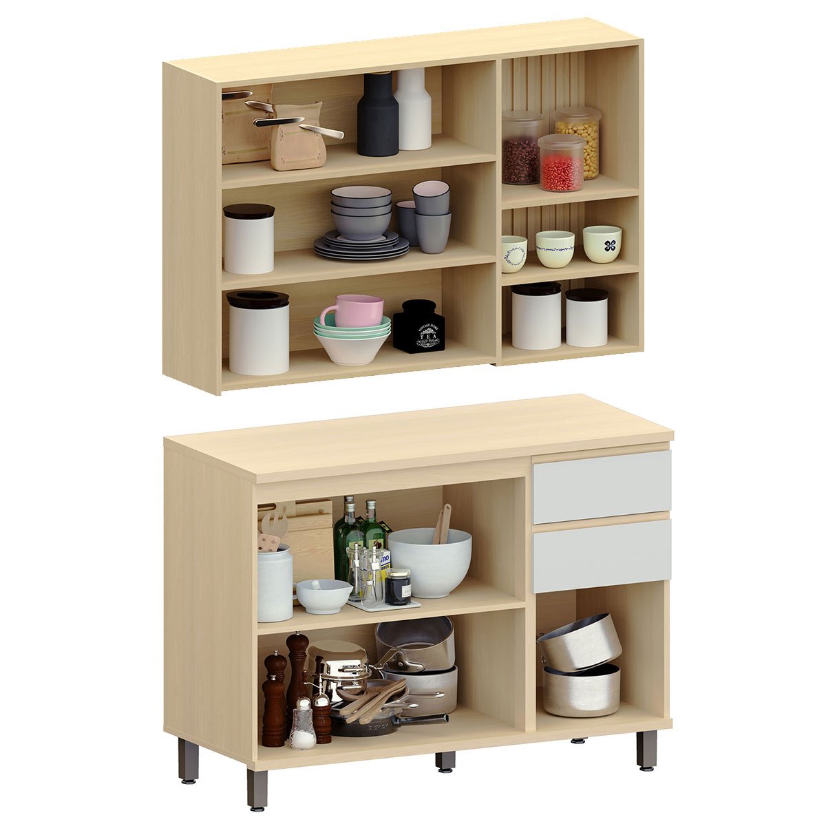 Kit Armário Aéreo com Nicho e Balcão de Cozinha 120 cm Aurora Cinza Cristal Pet/Cinza Cristal