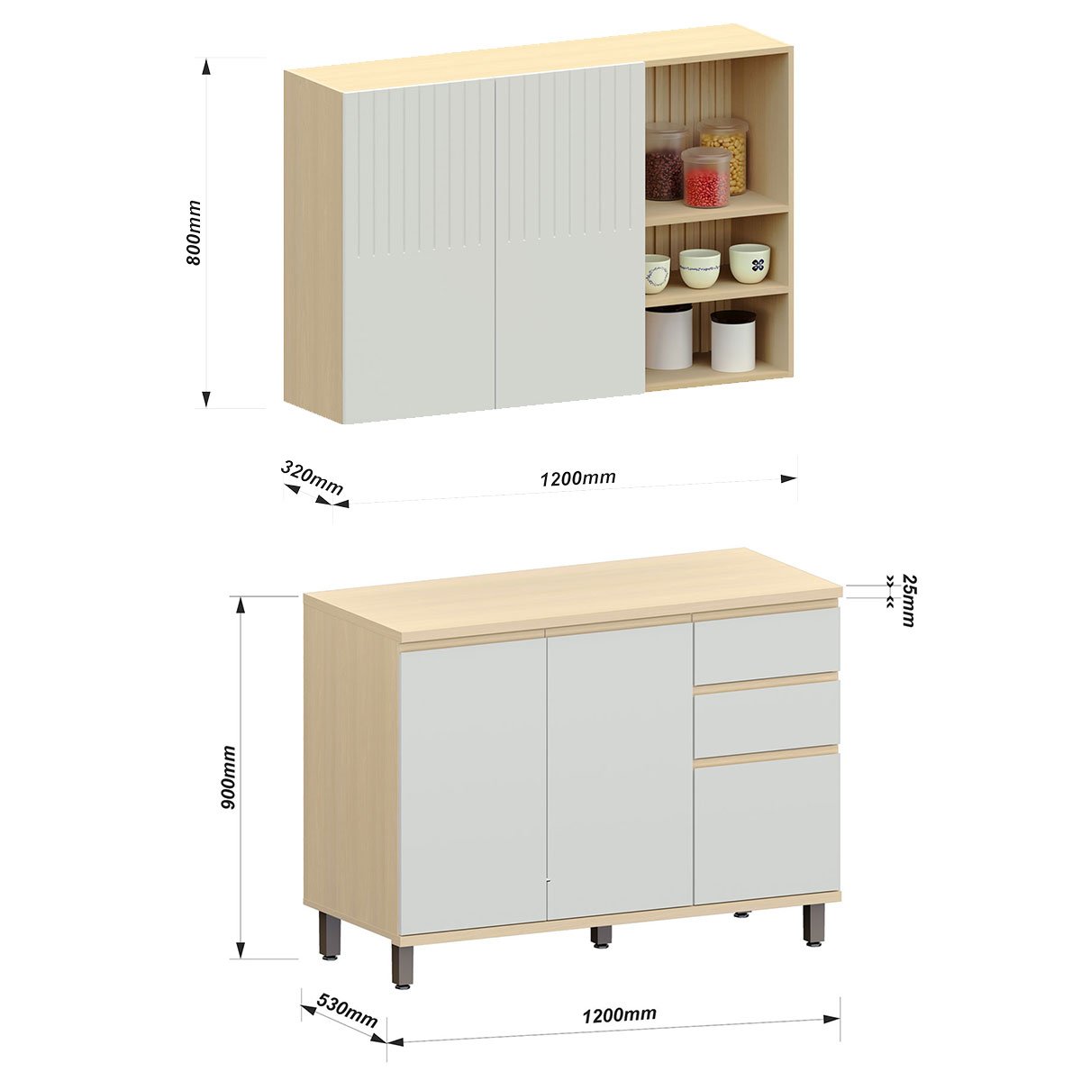 Kit Armário Aéreo com Nicho e Balcão de Cozinha 120 cm Aurora Cinza Cristal Pet/Cinza Cristal