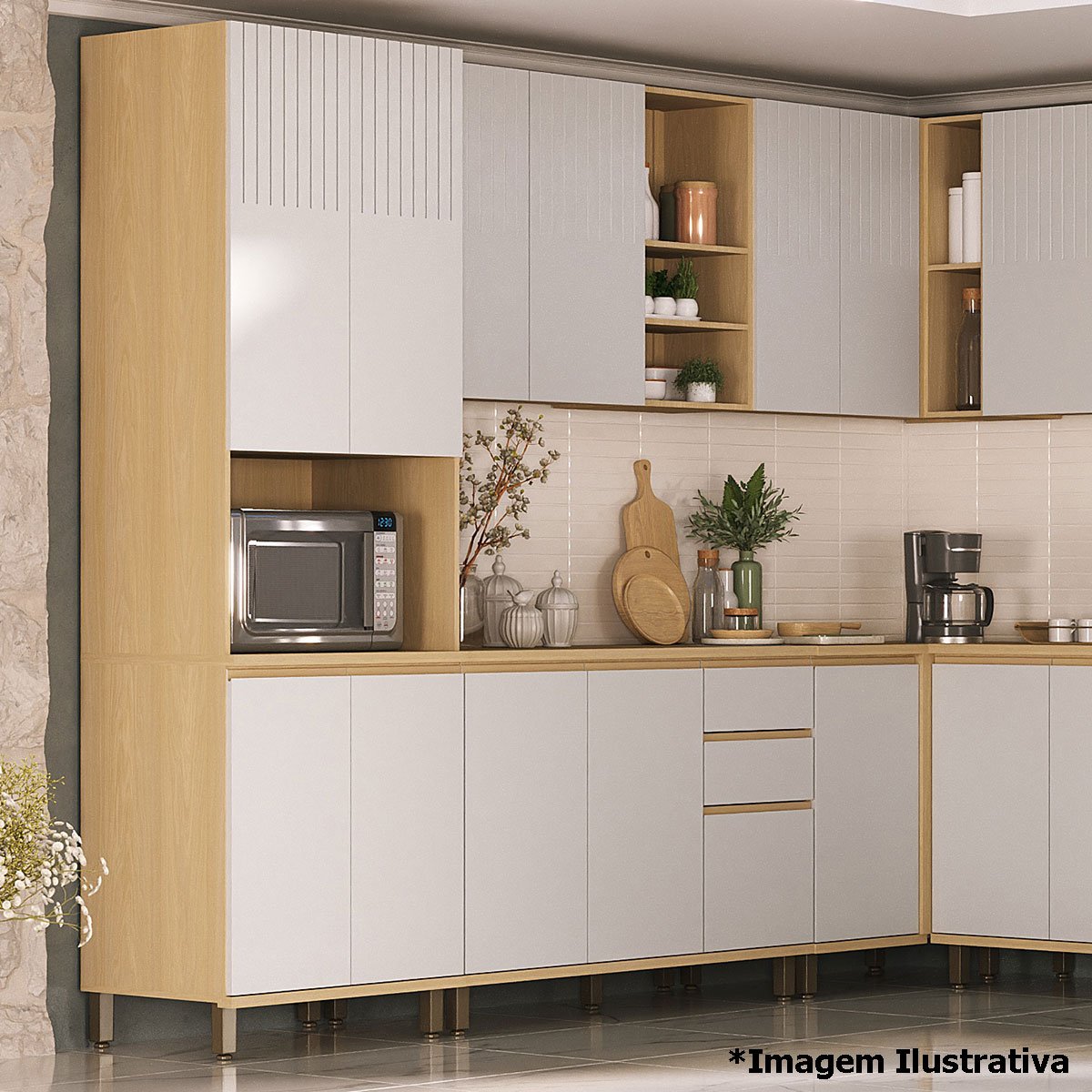 Kit Armário Aéreo com Nicho e Balcão de Cozinha 120 cm Aurora Cinza Cristal Pet/Cinza Cristal