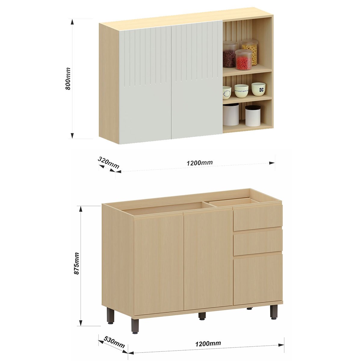 Kit Armário Aéreo com Nicho e Balcão de Pia 120 cm Aurora Cinza Cristal Pet/Carvalho