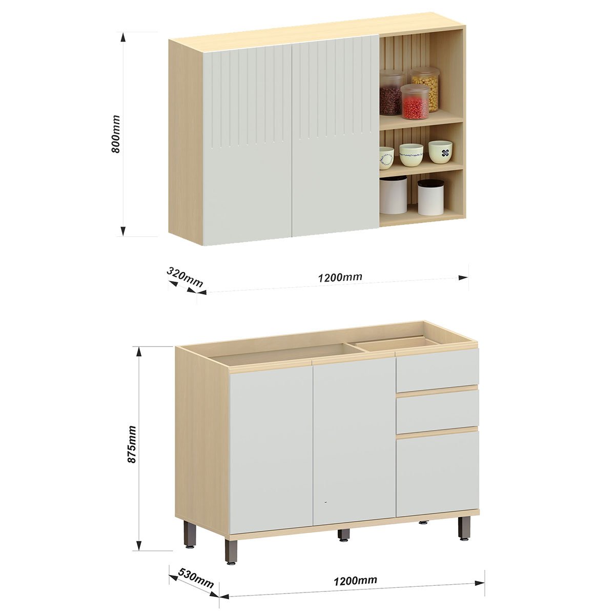 Kit Armário Aéreo com Nicho e Balcão de Pia 120 cm Aurora Cinza Cristal Pet/Cinza Cristal