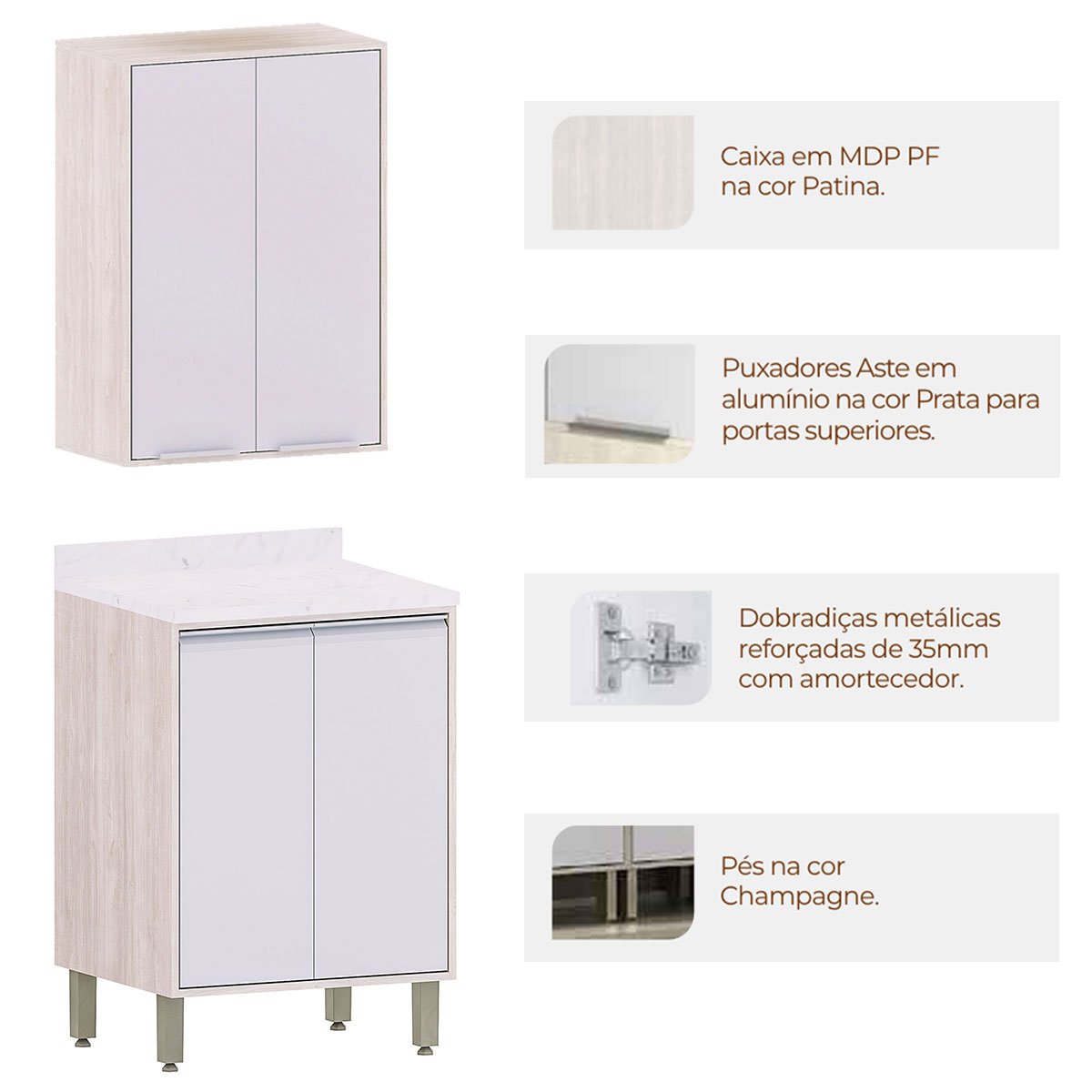 Kit Armário Aéreo e Balcão 2 Portas 60 cm Atenas  Cinza Cristal