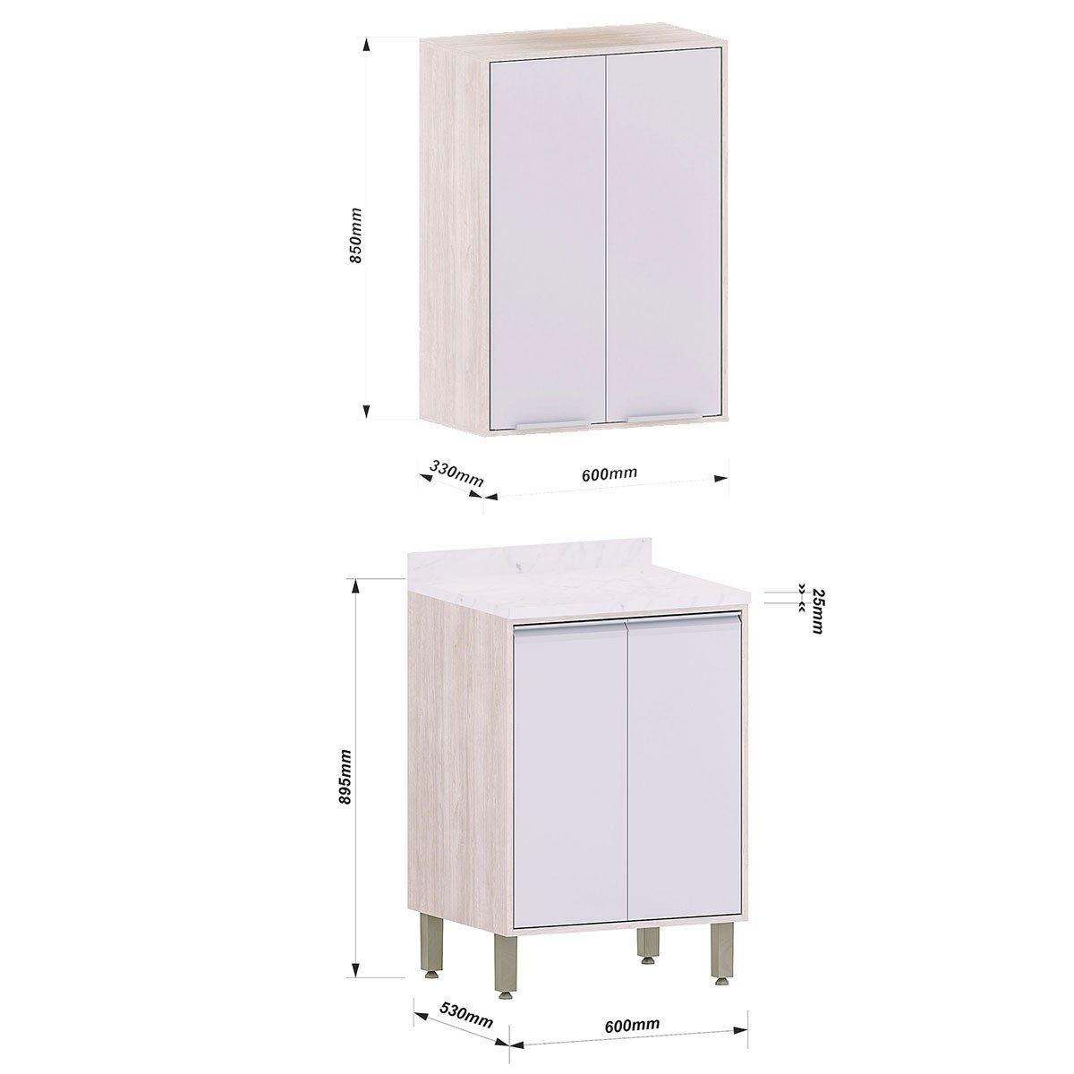 Kit Armário Aéreo e Balcão 2 Portas 60 cm Atenas  Cinza Cristal