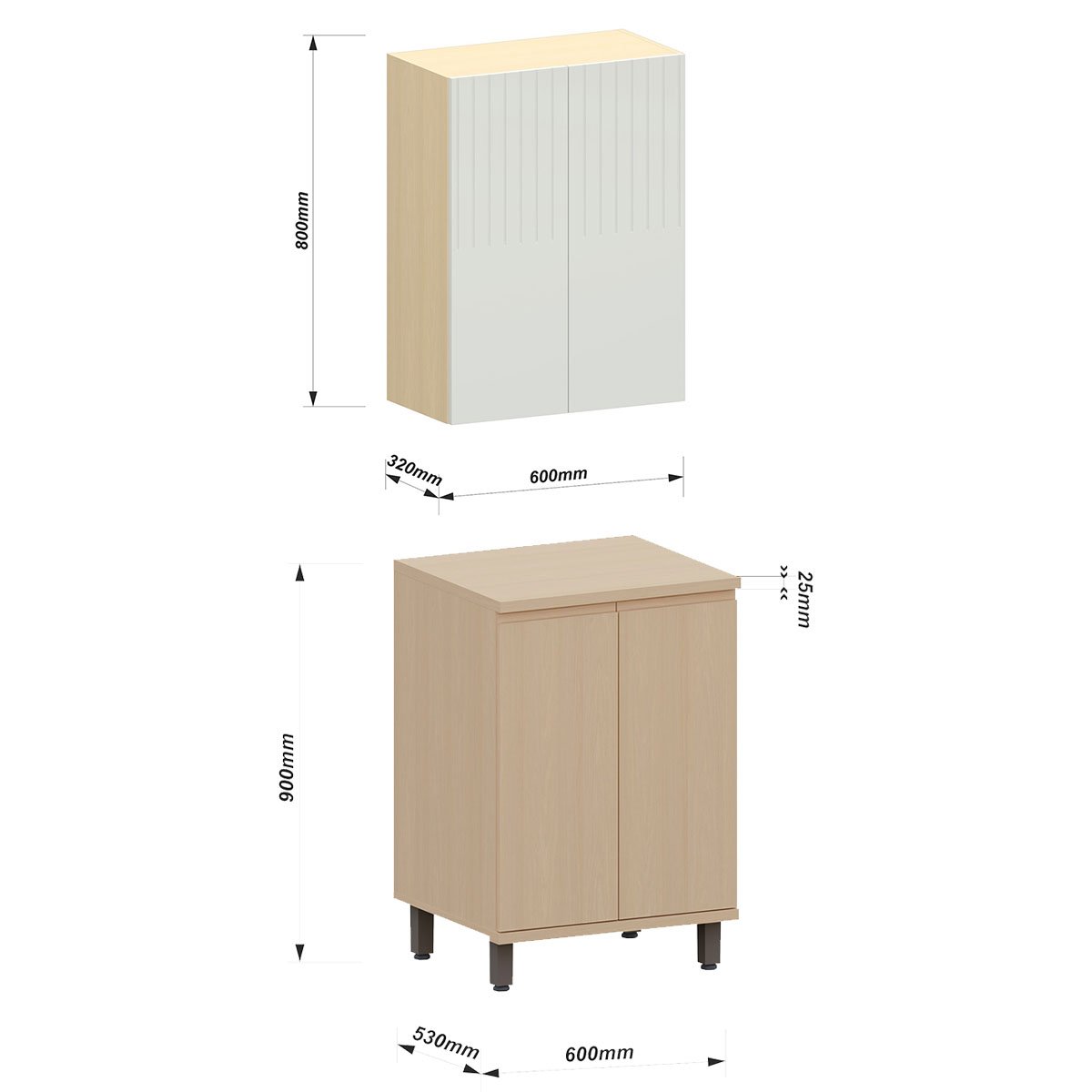 Kit Armário Aéreo e Balcão 2 Portas 60 cm Aurora Cinza Cristal Pet/Carvalho