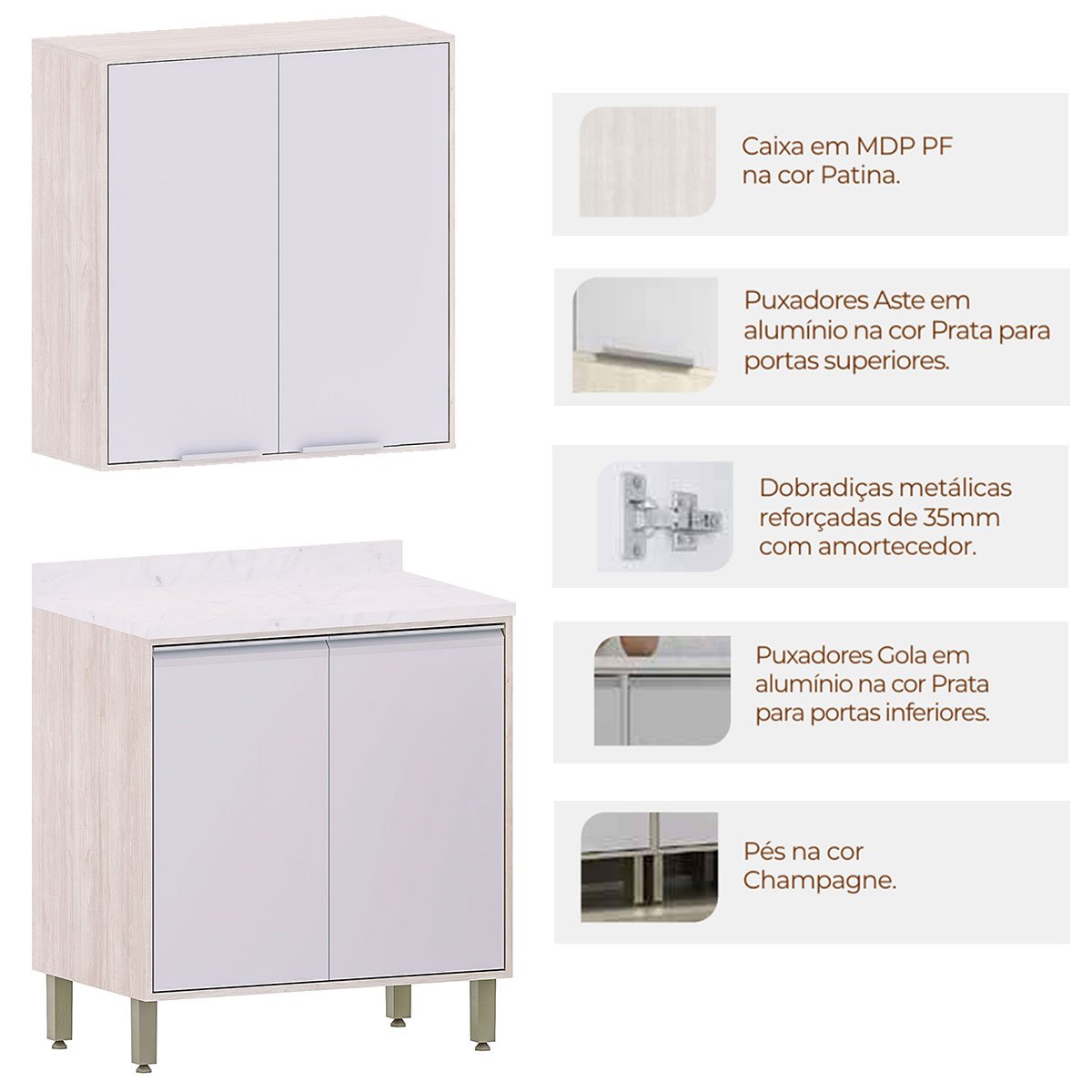 Kit Armário Aéreo e Balcão 2 Portas 80 cm Atenas Cinza Cristal