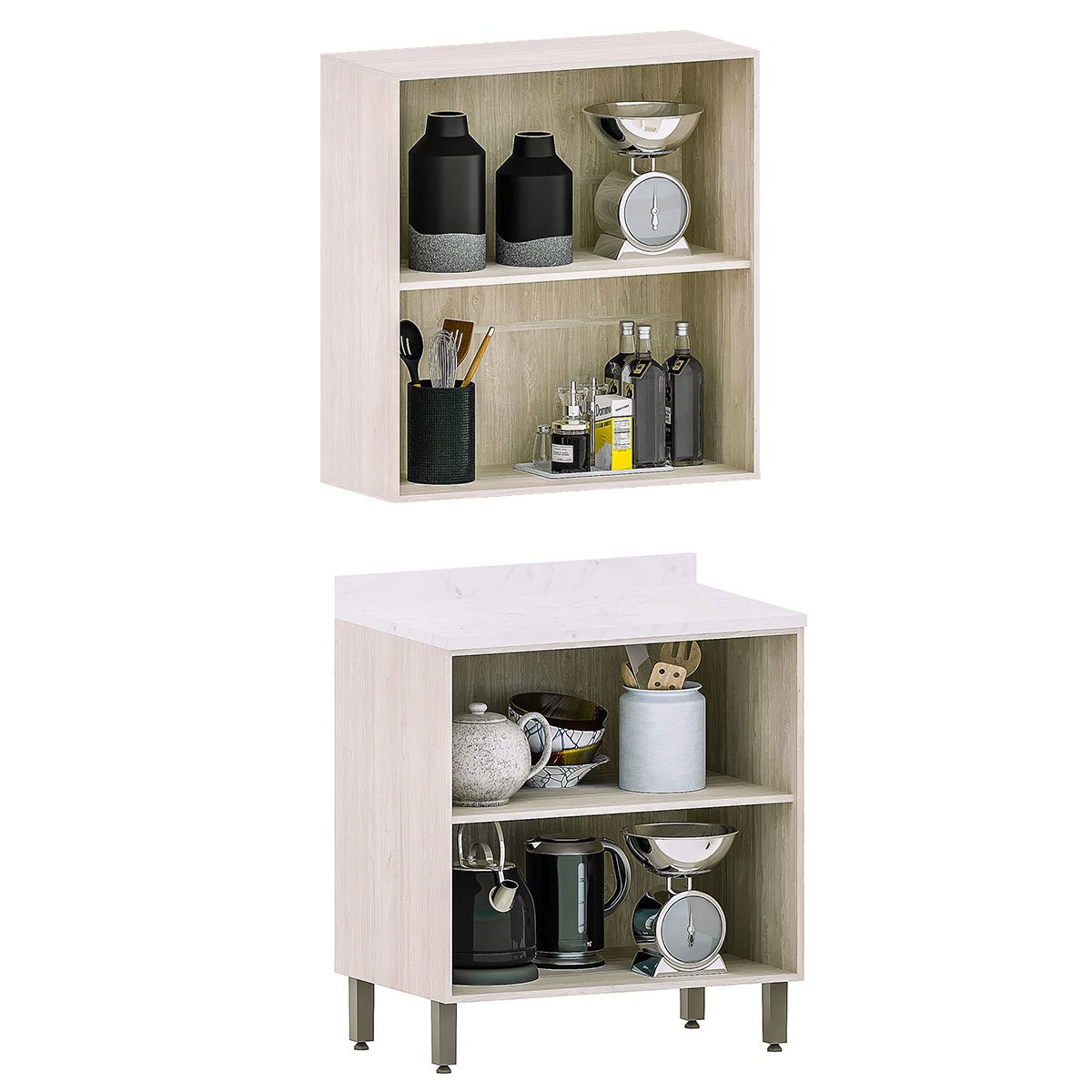 Kit Armário Aéreo e Balcão 2 Portas 80 cm Atenas Cinza Cristal