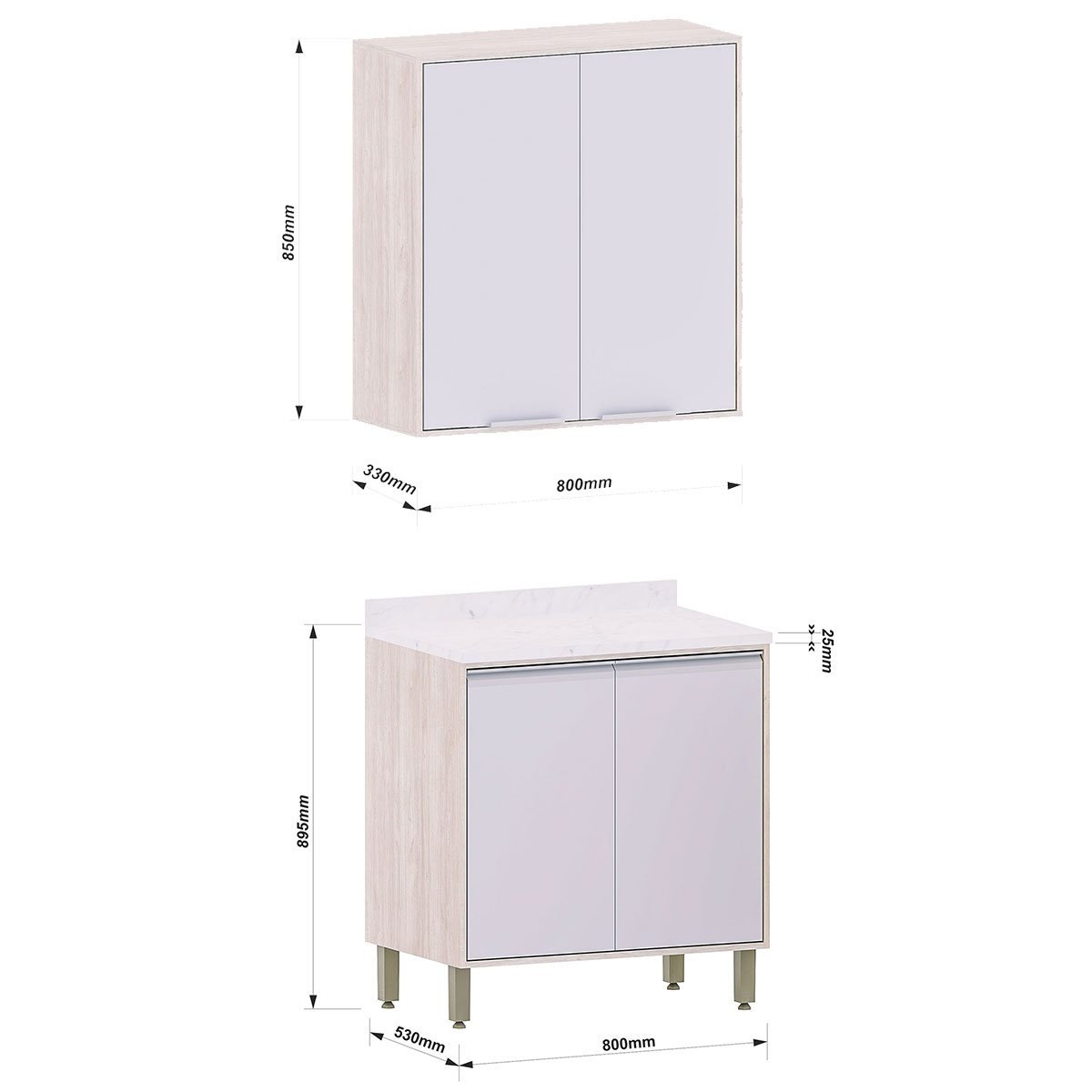 Kit Armário Aéreo e Balcão 2 Portas 80 cm Atenas Cinza Cristal