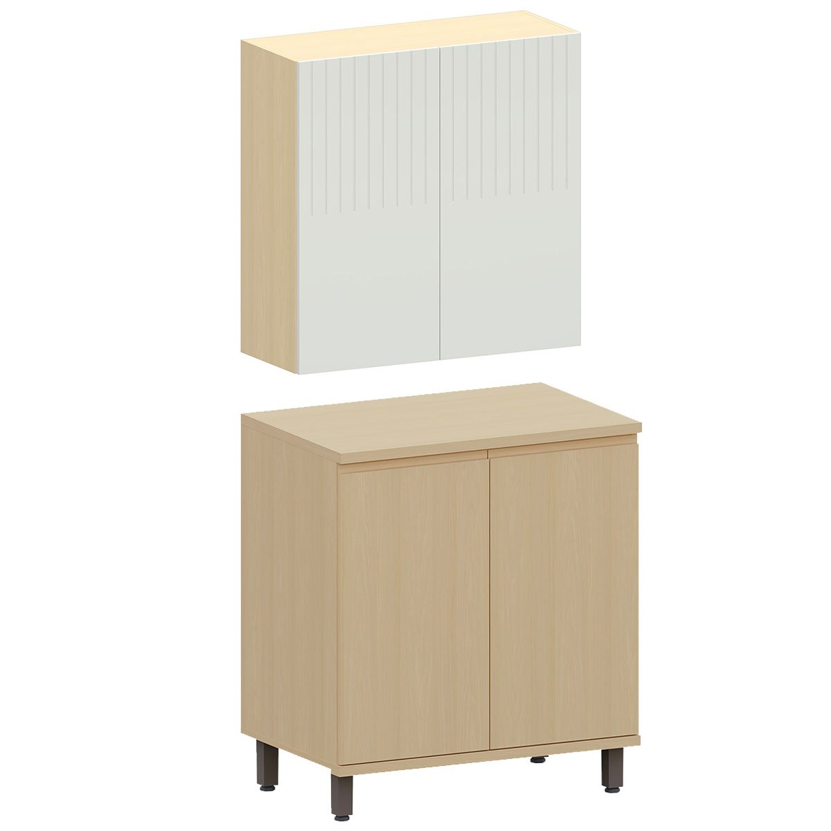 Kit Armário Aéreo e Balcão 2 Portas 80 cm Aurora Cinza Cristal Pet/Carvalho