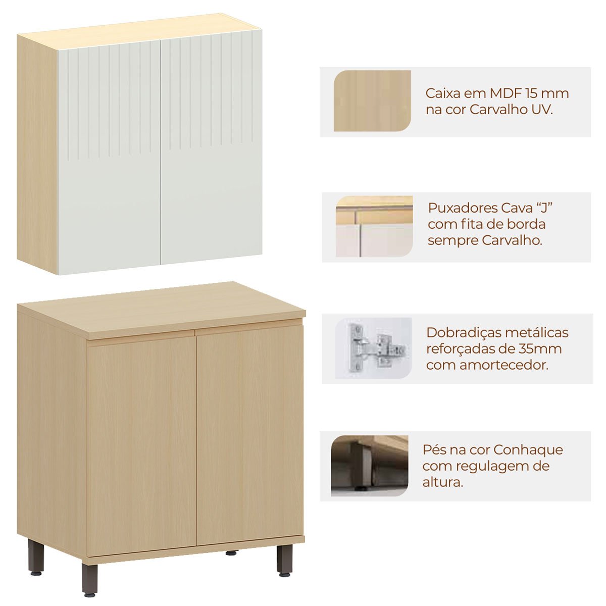 Kit Armário Aéreo e Balcão 2 Portas 80 cm Aurora Cinza Cristal Pet/Carvalho