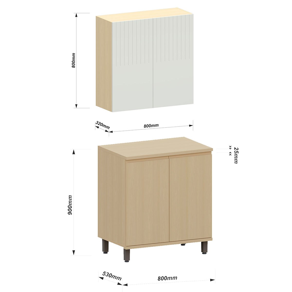 Kit Armário Aéreo e Balcão 2 Portas 80 cm Aurora Cinza Cristal Pet/Carvalho