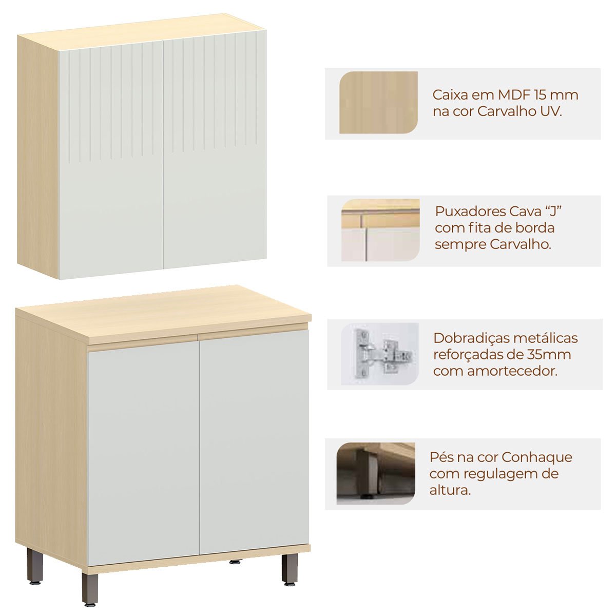 Kit Armário Aéreo e Balcão 2 Portas 80 cm Aurora Cinza Cristal Pet/Cinza Cristal