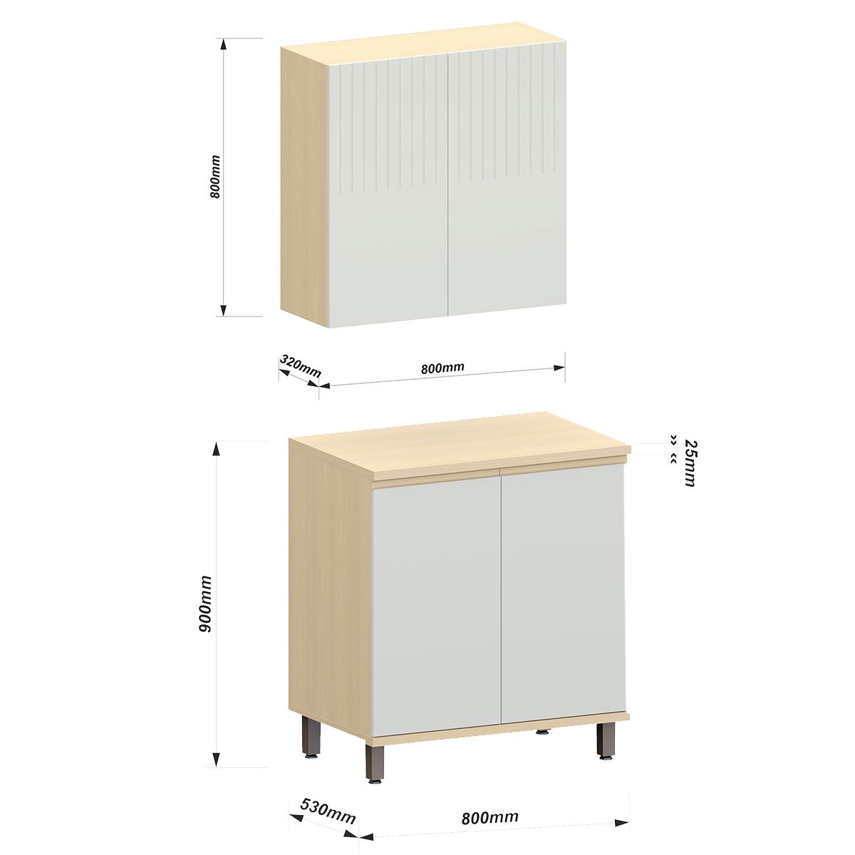 Kit Armário Aéreo e Balcão 2 Portas 80 cm Aurora Cinza Cristal Pet/Cinza Cristal