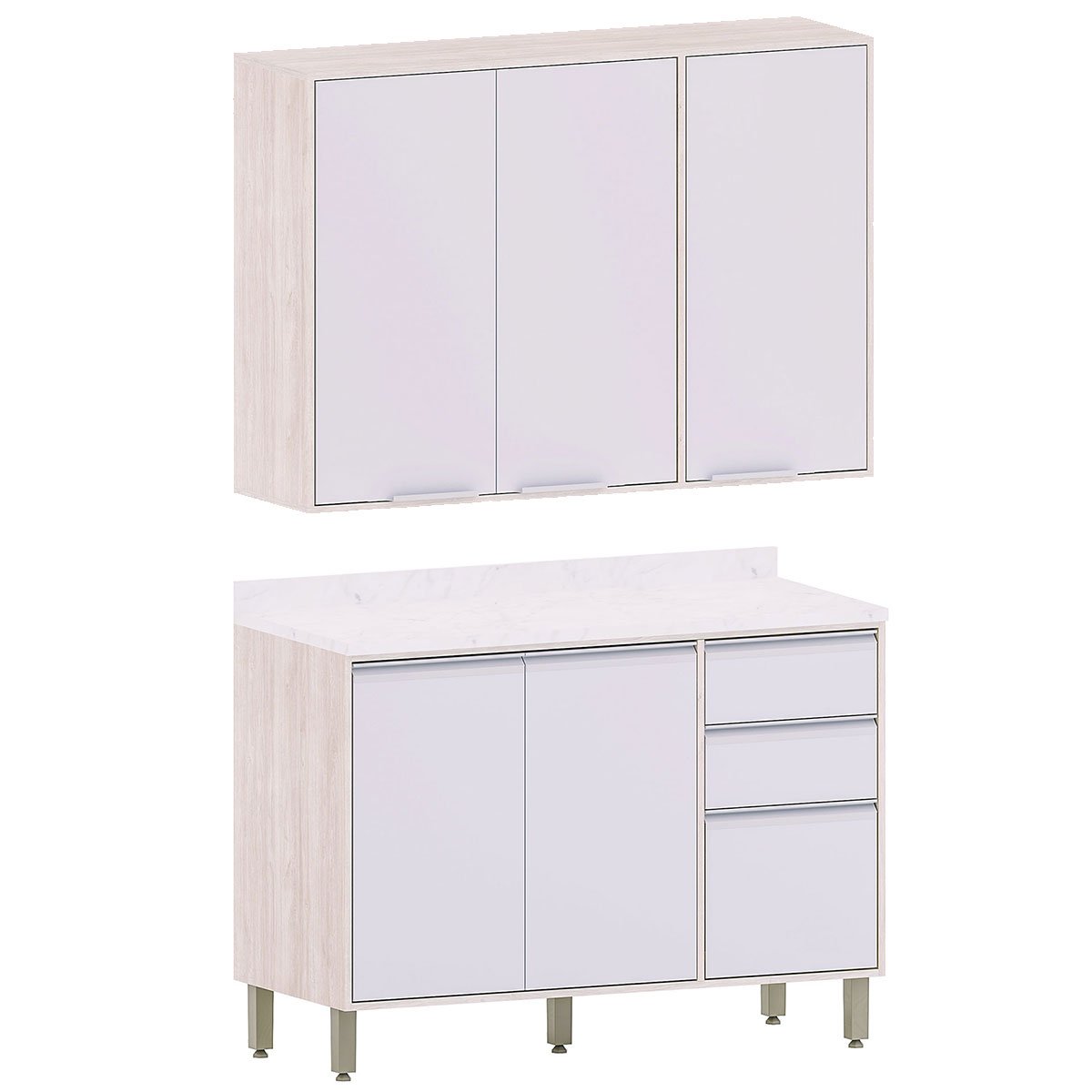 Kit Armário Aéreo e Balcão de Cozinha 120 cm 3 Portas Atenas Cinza Cristal