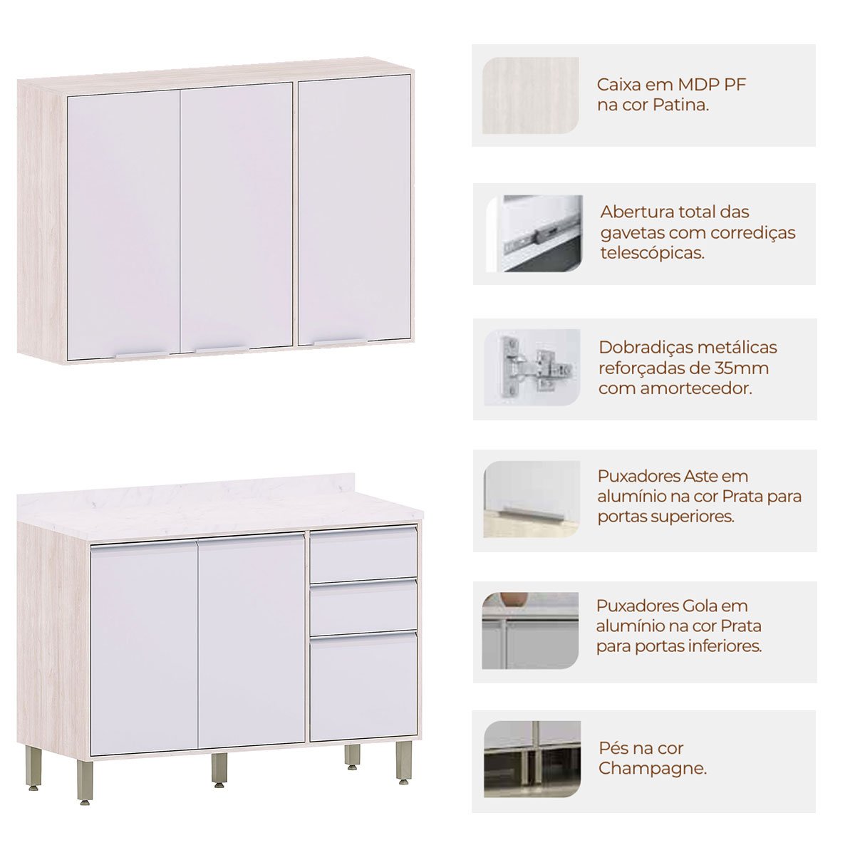 Kit Armário Aéreo e Balcão de Cozinha 120 cm 3 Portas Atenas Cinza Cristal