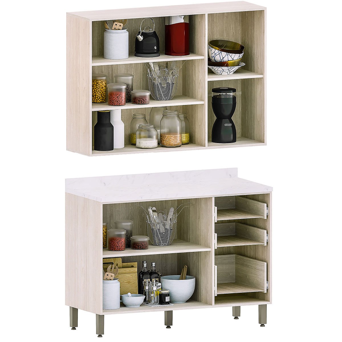 Kit Armário Aéreo e Balcão de Cozinha 120 cm 3 Portas Atenas Cinza Cristal