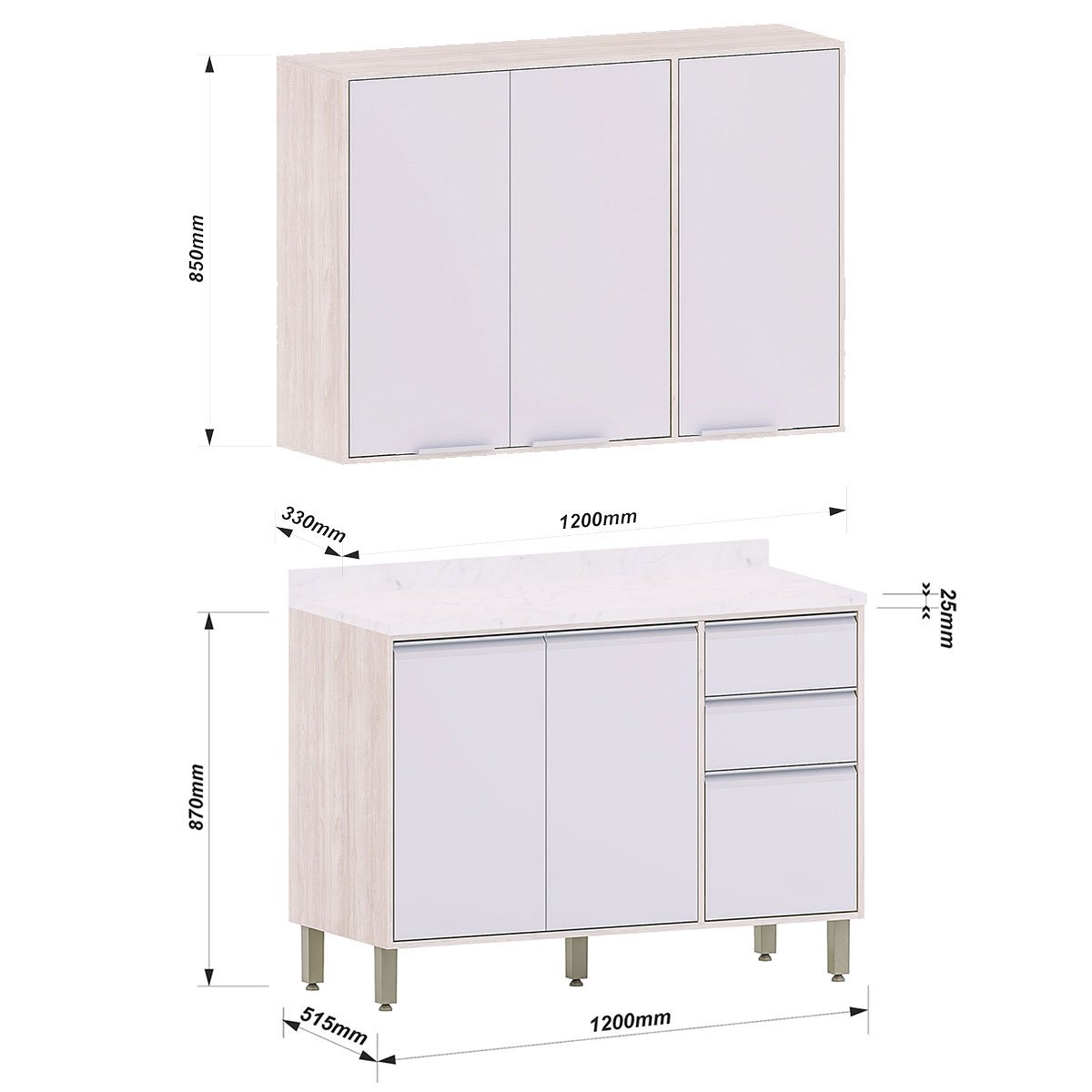 Kit Armário Aéreo e Balcão de Cozinha 120 cm 3 Portas Atenas Cinza Cristal