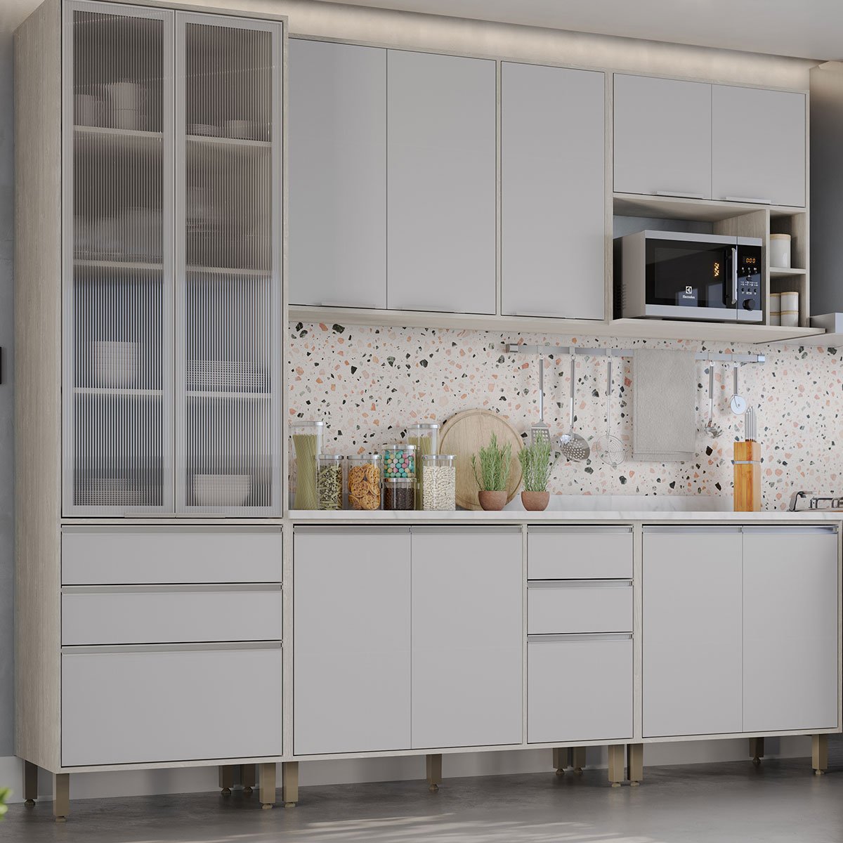 Kit Armário Aéreo e Balcão de Cozinha 120 cm 3 Portas Atenas Cinza Cristal