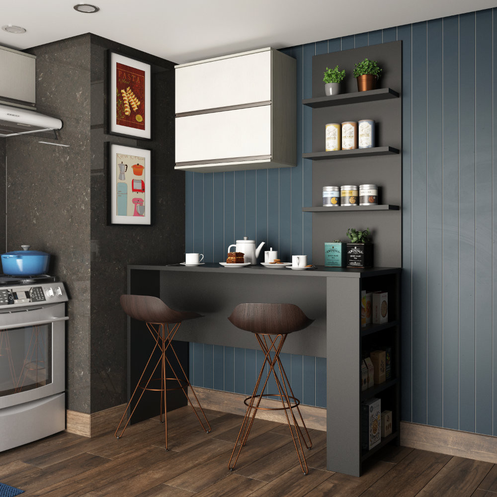 Kit Bancada Mesa Gourmet Cozinha Preta c/ Painel e Armário Basculante Legno Crema e Linho - Luciane M01