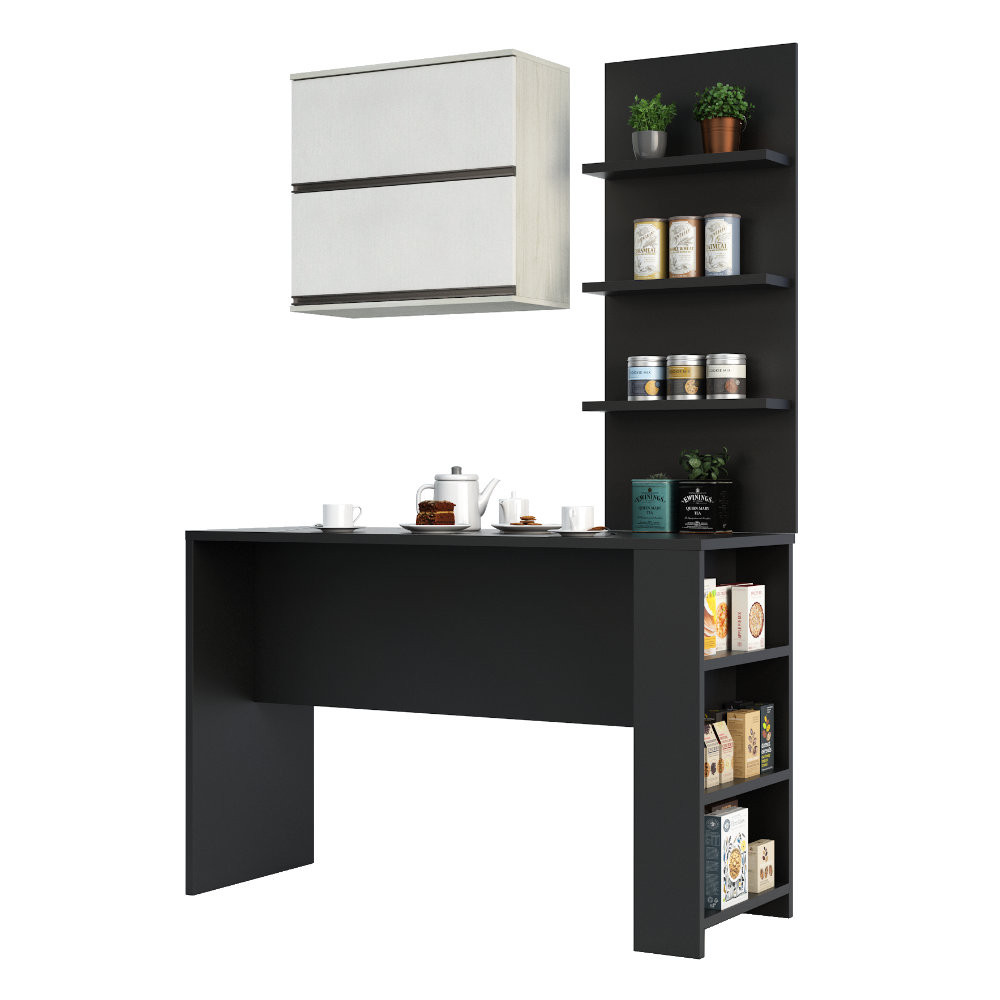Kit Bancada Mesa Gourmet Cozinha Preta c/ Painel e Armário Basculante Legno Crema e Linho - Luciane M01