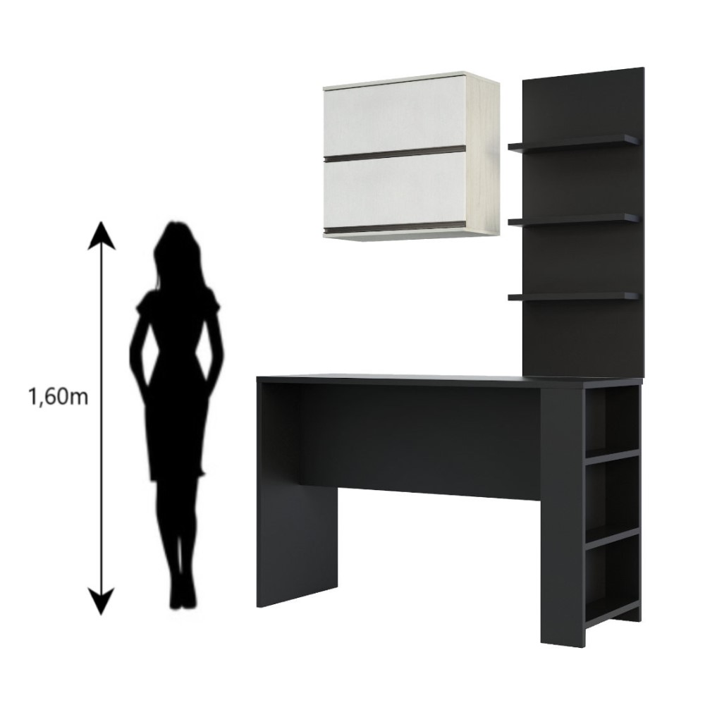 Kit Bancada Mesa Gourmet Cozinha Preta c/ Painel e Armário Basculante Legno Crema e Linho - Luciane M01