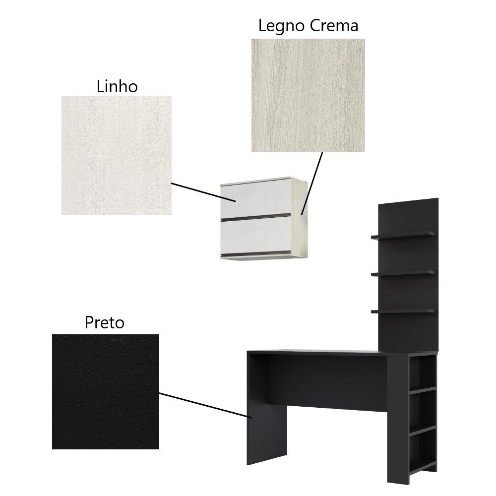 Kit Bancada Mesa Gourmet Cozinha Preta c/ Painel e Armário Basculante Legno Crema e Linho - Luciane M01