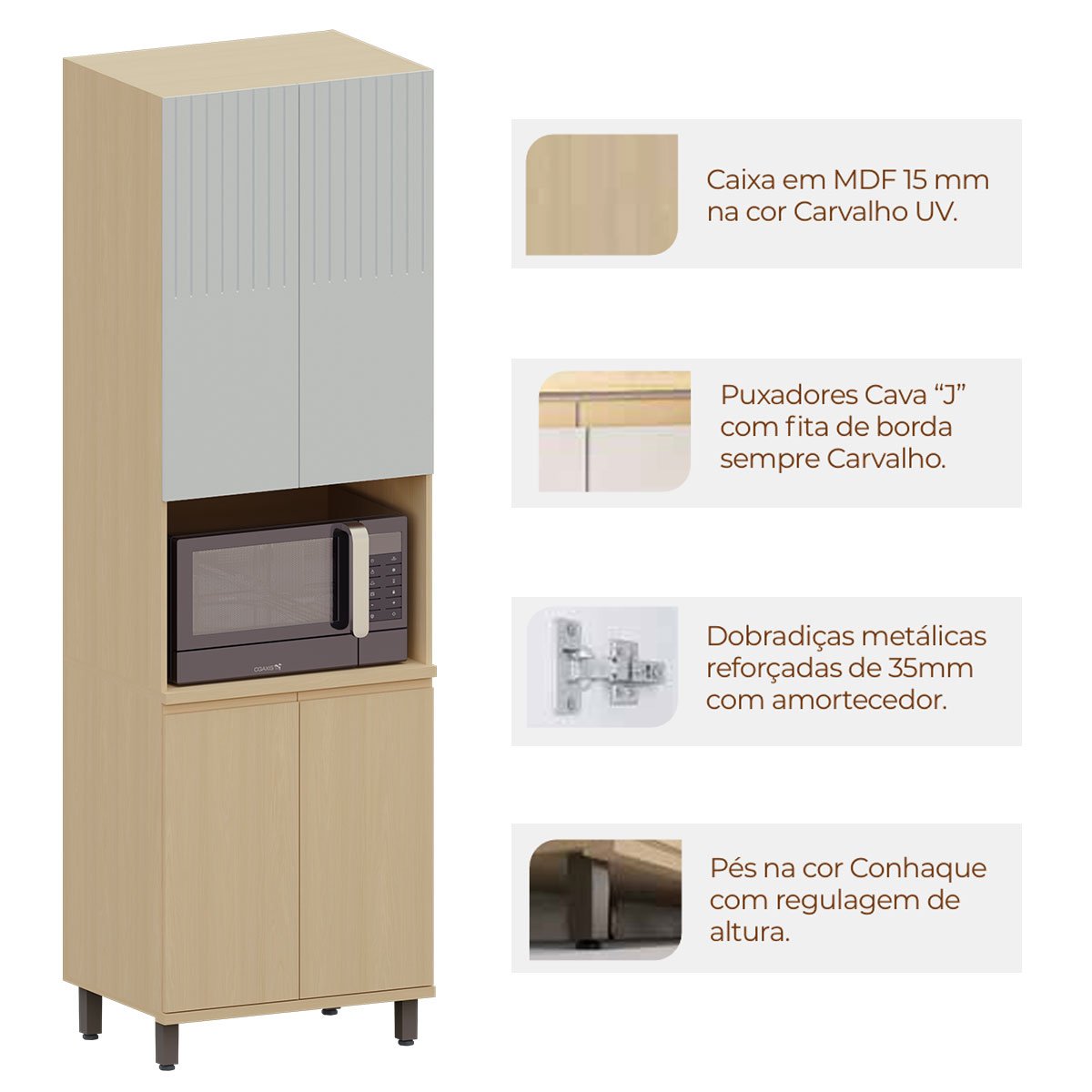 Paneleiro 4 Portas com Nicho para Micro-ondas Aurora Pet Cinza Cristal/Carvalho