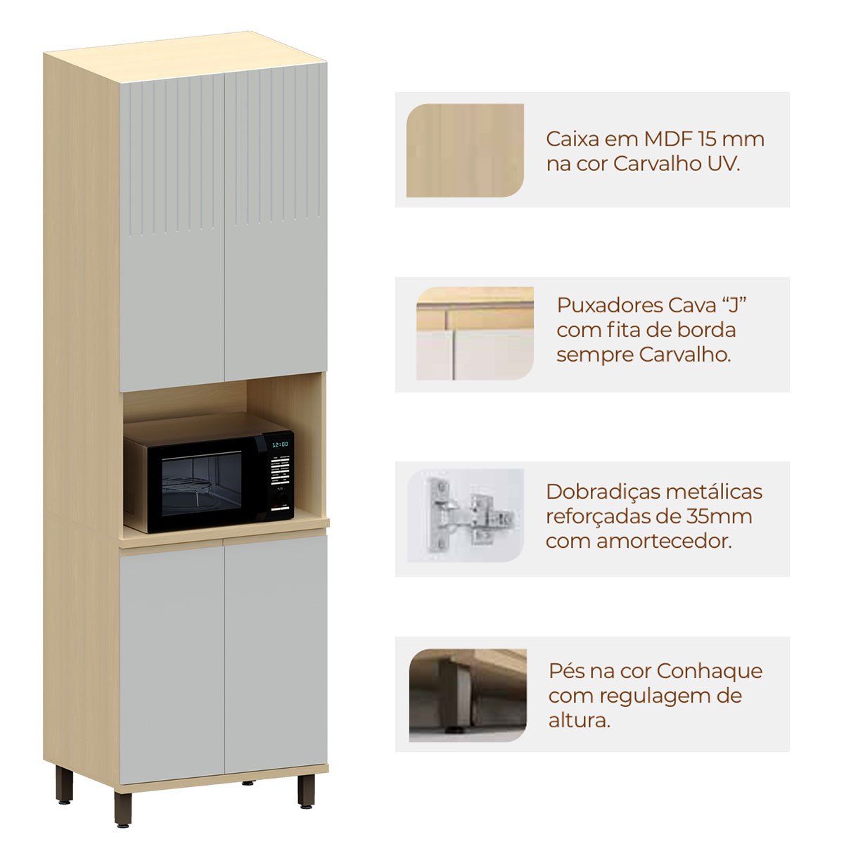 Paneleiro 4 Portas com Nicho para Micro-ondas Aurora Pet Cinza Cristal/Cinza Cristal