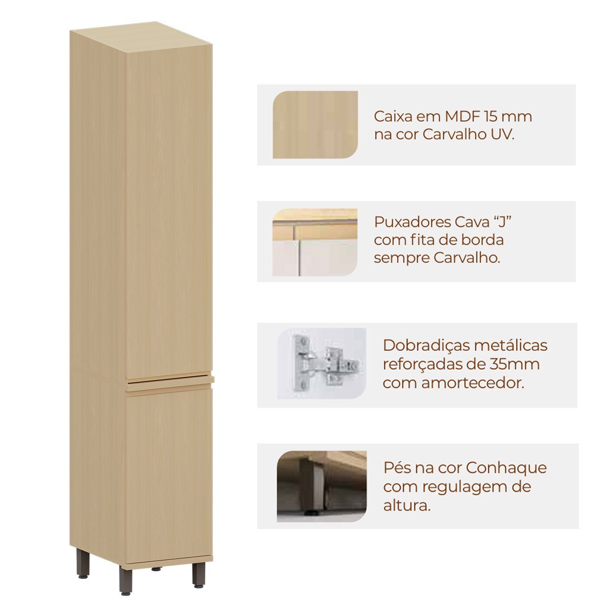 Paneleiro Alto 40 cm 2 Portas 4 Prateleiras Aurora Carvalho
