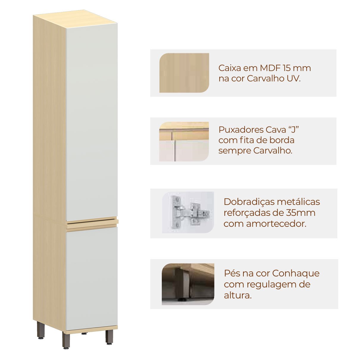 Paneleiro Alto 40 cm 2 Portas 4 Prateleiras Aurora Cinza Cristal