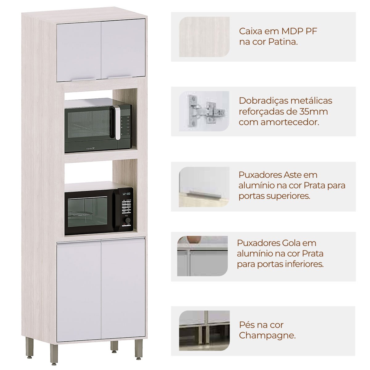 Paneleiro Alto Torre Dupla 70 cm 4 Portas Atenas Cinza Cristal