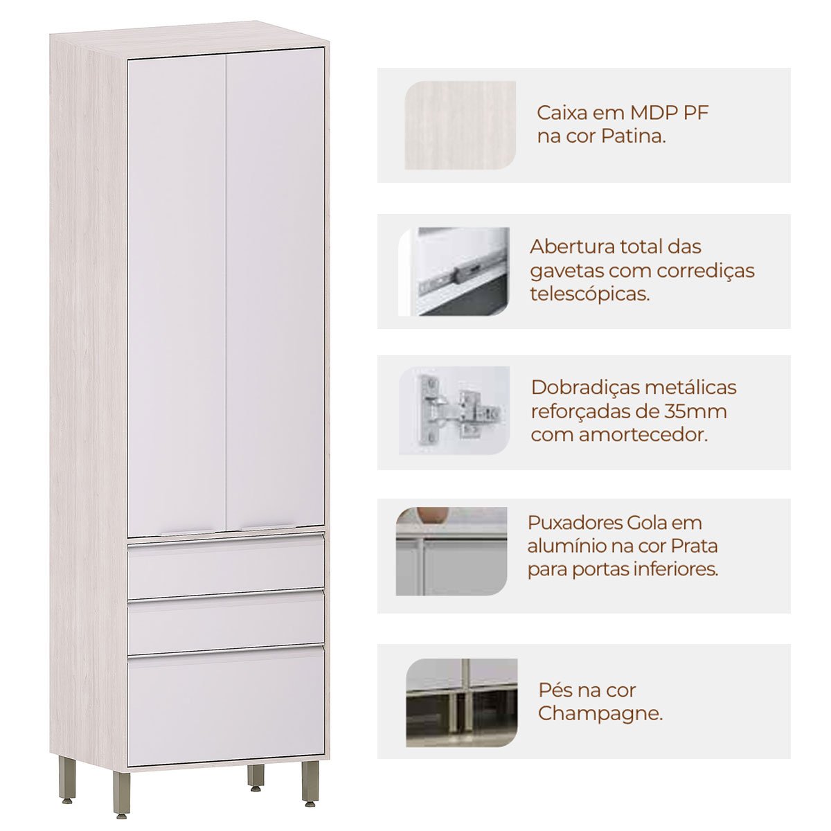 Paneleiro Alto para Cozinha 2 Portas 3 Gavetas Atenas Cinza Cristal