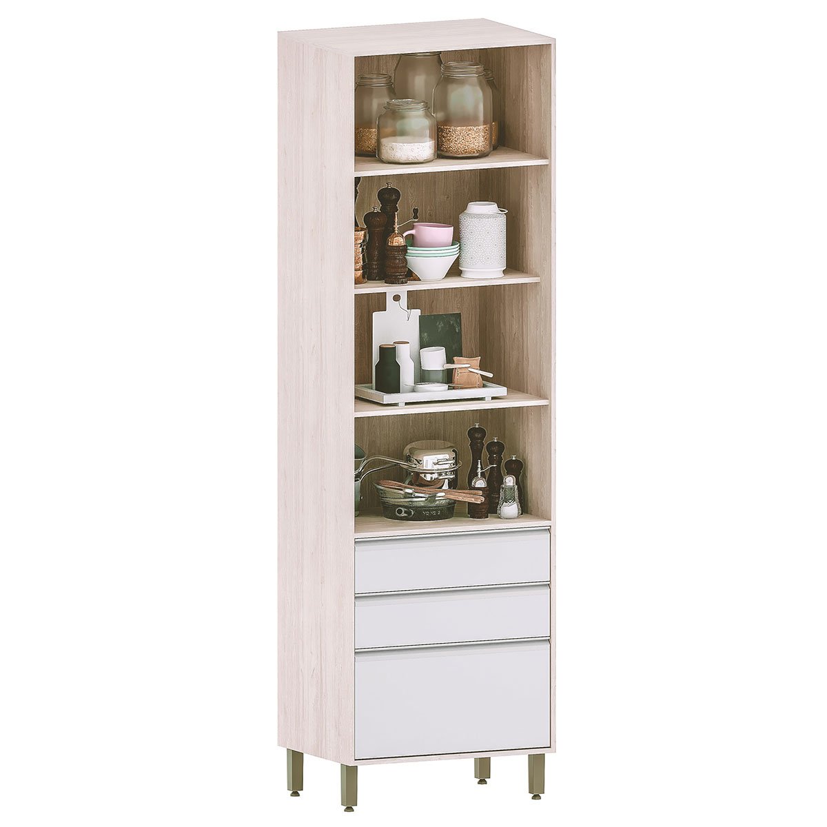 Paneleiro Alto para Cozinha 2 Portas 3 Gavetas Atenas Cinza Cristal