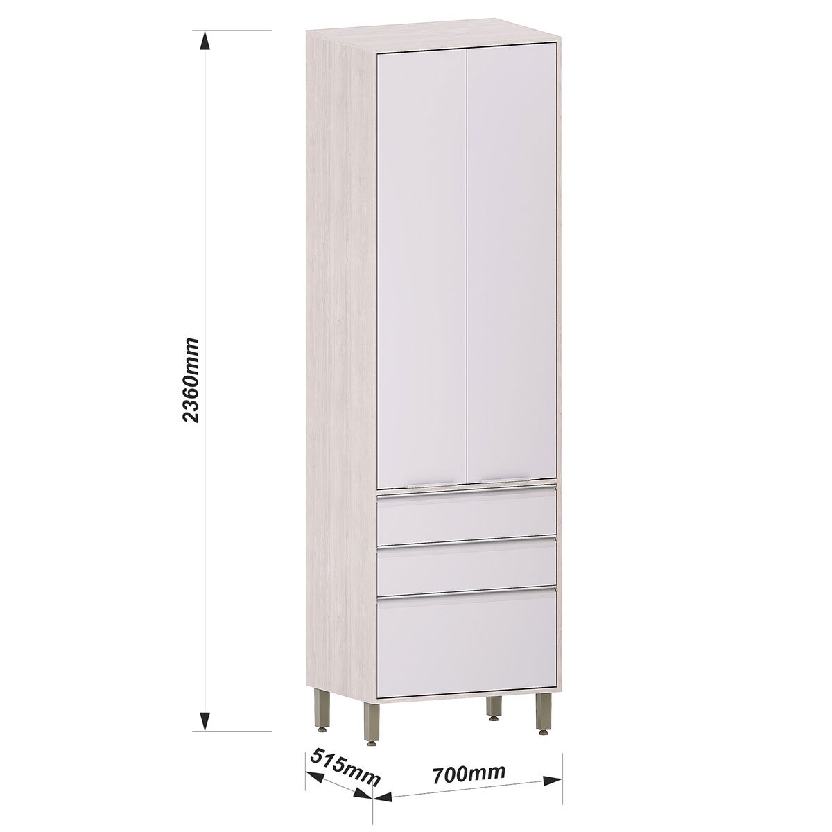 Paneleiro Alto para Cozinha 2 Portas 3 Gavetas Atenas Cinza Cristal