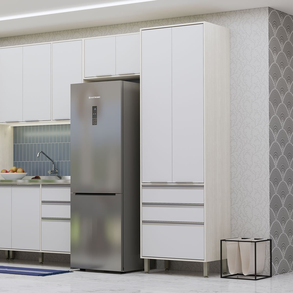 Paneleiro Alto para Cozinha 2 Portas 3 Gavetas Atenas Cinza Cristal