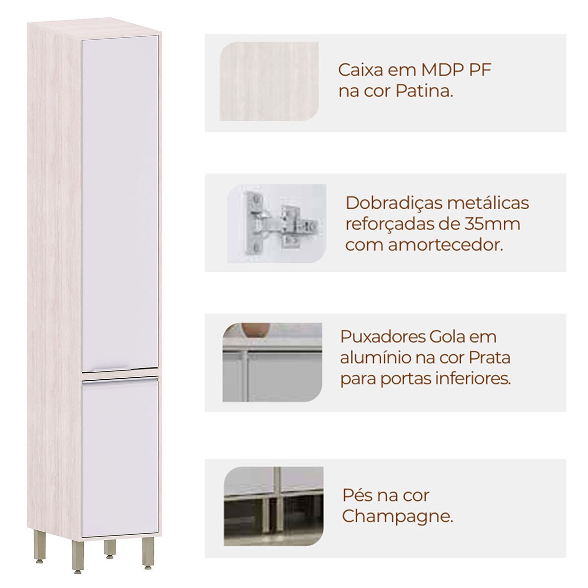 Paneleiro Alto para Cozinha 40 cm 2 Portas Atenas Cinza Cristal