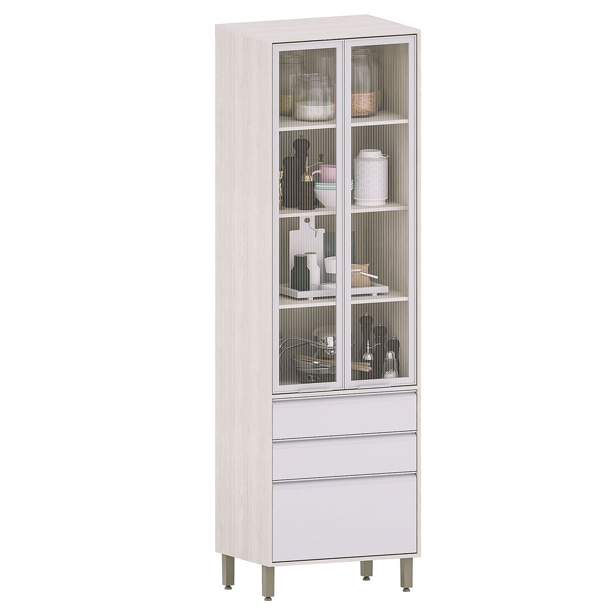Paneleiro Alto para Cozinha com Portas de Vidro Atenas Cinza Cristal/Vidro Canelado