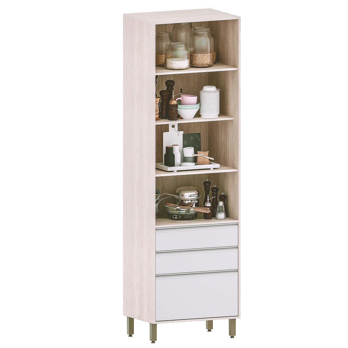 Paneleiro Alto para Cozinha com Portas de Vidro Atenas Cinza Cristal/Vidro Canelado